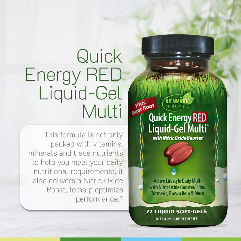 Irwin Naturals Quick Energy RED Active Lifestyle Multivitamin | Daily Energy Support | L-Citrulline + Beet Root | Nitric Oxide Support | 72 Liquid Soft-Gels 72 Count (Pack of 1)