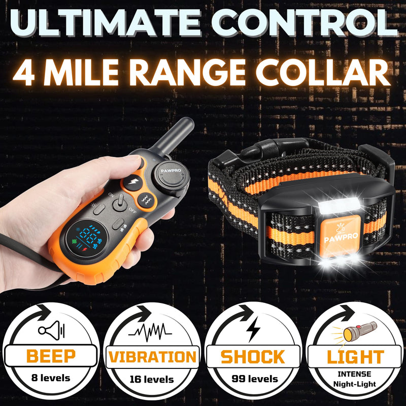 Dog Shock Collar with Remote, Unmatched 4-Mile Range, Night-Light Mode, Training Guide Included, 124 Training Levels & 4 Modes, Beep Vibration Shock, Waterproof Rechargeable, Fits All Dogs, US Tech - BeesActive Australia