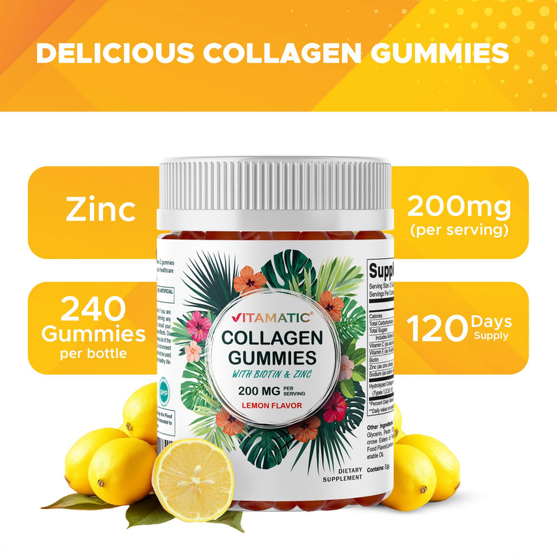 Vitamatic Hydrolyzed Collagen Gummies with Vitamin C, Zinc and Biotin, 200 mg - Healthy Skin Support - 240 Gummies