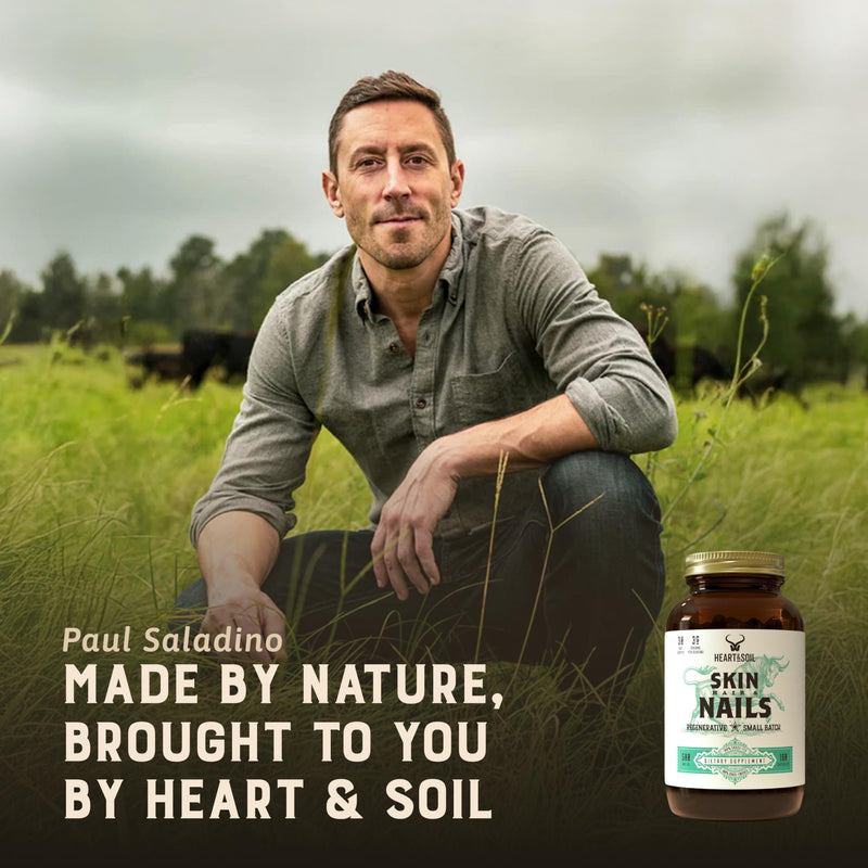 HEART & SOIL Hair Skin & Nails Supplement, 180 Capsules | 100% grass fed & finished from regenerative cattle with cartilage, liver & bone marrow. 3000mg beef organs. Skin, Hair & Nails