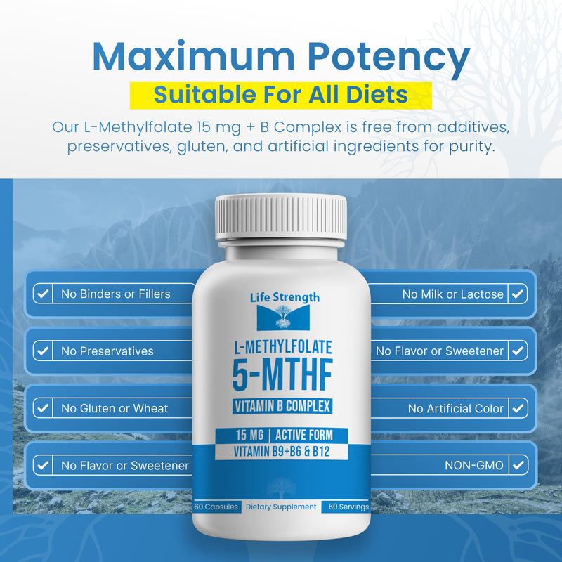 L-Methylfolate 15mg + Vitamin B Complex - 5-MTHF, B6 & B12 Methylcobalamin - 60 Capsules - Professional Strength Active Methyl Folate - Non GMO, Gluten Free, No Fillers (2-Month Supply)