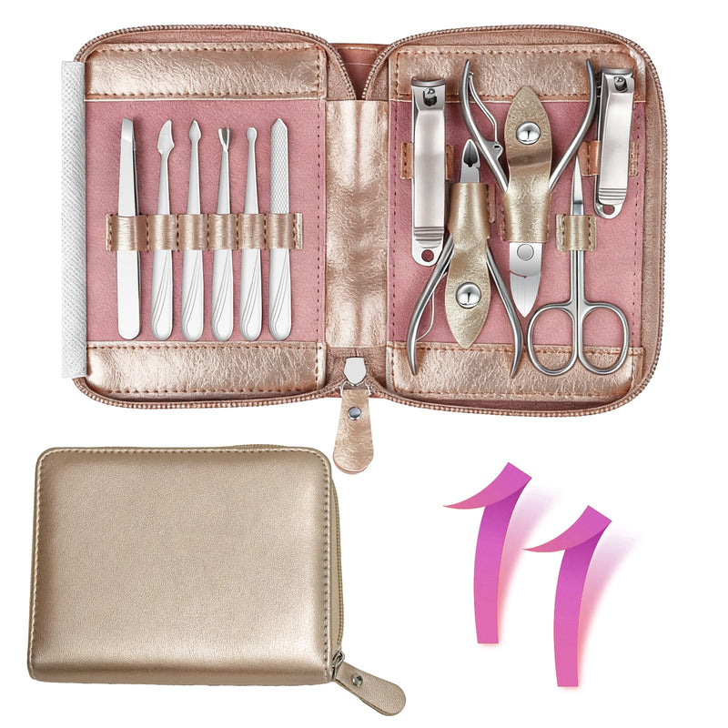 Manicure Set 11 in 1 Stainless Steel Nail Clippers for Men，Manicure Kit for Women，Nail Grooming Kit，Nail Clipper Set，Personal Care Tools（Champagne Colour） Champagne Colour - BeesActive Australia