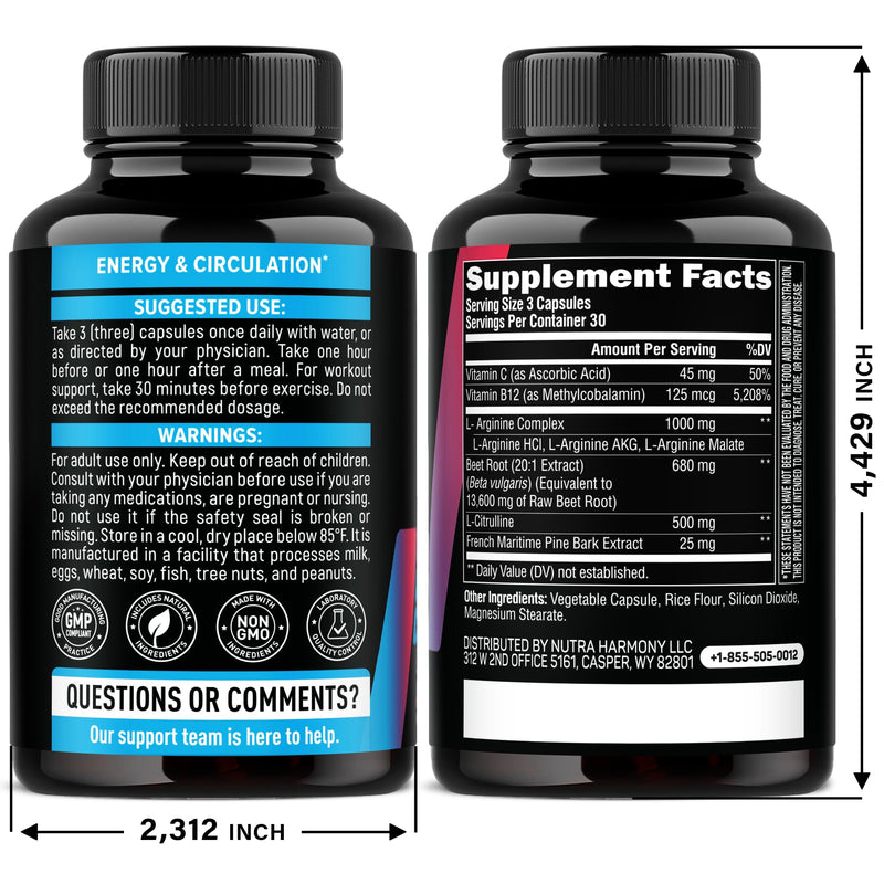 Nitric Oxide Booster 2250 mg - Muscles, Energy & Circulation - 90 Capsules | Nitric Oxide Supplement for Men & Women - Pine Bark | L-Arginine | L-Citrulline | Beet Root | Vitamin C & B12 - Lab Tested