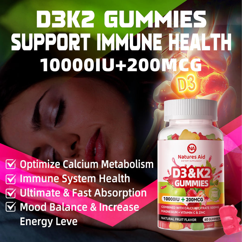 Natures aid Sugar-Free Vitamin D3 K2 Gummies with Calcium + K2 (MK-7), Magnesium Citrate, Vitamin C, Extra Strength - Ultimate Absorption for Bone Muscle Teeth Immune, Vegan - 120 Gummies 120 Count (Pack of 1)
