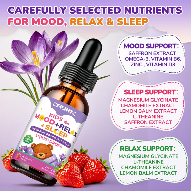 Kids Magnesium + Saffron Liquid Drops - Magnesium Glycinate Saffron for Kids with L-Theanine, Omega-3, Vitamin B6, D3, K2, Magnesium Drops for Children Mood, Relax, Sleep, Strawberry Flavor, 4 Fl Oz 2 Fl Oz (Pack of 2)