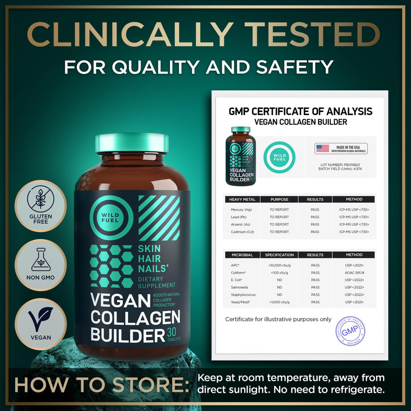 WILD FUEL Vegan Collagen Builder - Biotin, Organic Superfood, Amino Acids Glycine, Lysine, Proline Plant-Based Collagen Booster Supplements - 30 Organic Extract Tablets 30 Tablets (pack of 1)