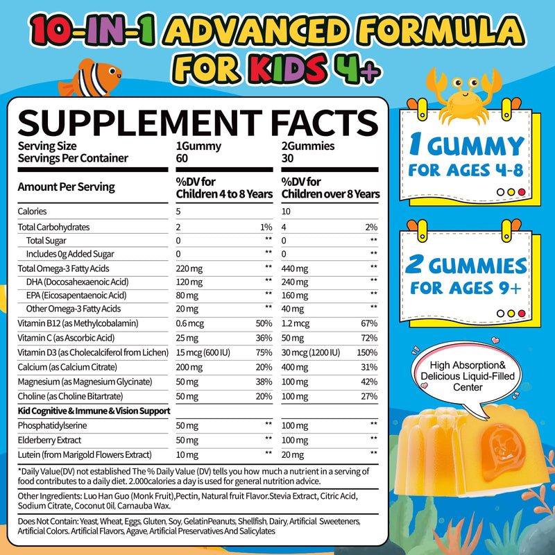 Organic Kid’s Omega-3 Gummies: Chewable Fish Oil Alternative Vegan Omega 3 Fatty Acid Supplement with DHA EPA Vitamin D3 B12 Calcium Magnesium - Focus Immune Health Support for Kids(60count) Mango 60 Count (Pack of 1)
