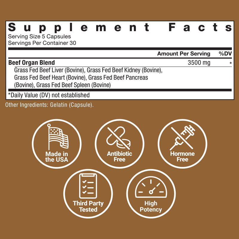 FORCE FACTOR Primal Origins Grass-Fed Beef Organs, Pasture-Raised Supplement with Liver, Kidney, Heart, Pancreas & Spleen, Hormone & Antibiotic Free, Non-GMO, 3500mg, 150 Capsules - BeesActive Australia