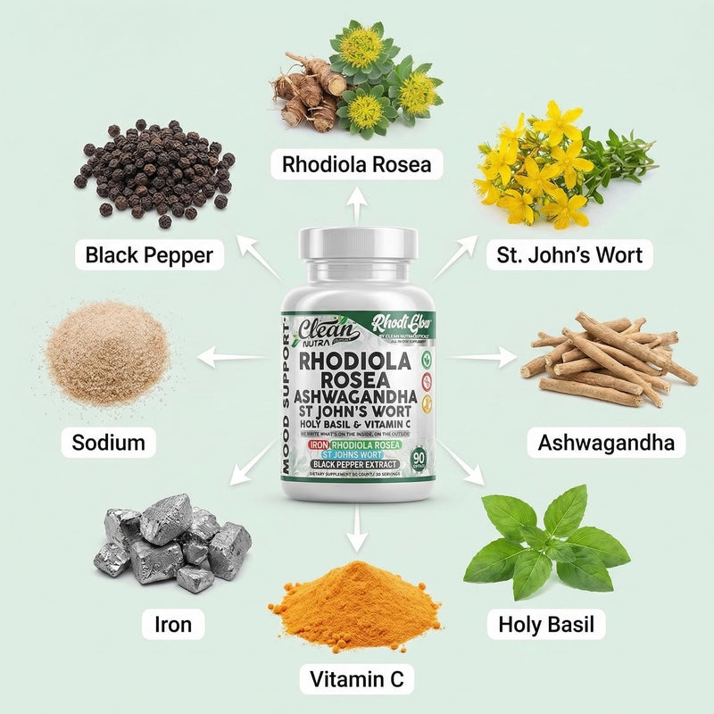 RhodiGlow Rhodiola Rosea Mood Support Supplement + Ashwagandha St Johns Wort Holy Basil Vitamin C Iron Black Pepper By Clean Nutra