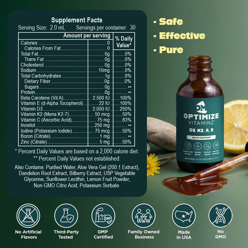 Optimize Vitaminz Liquid Vitamin D3 K2 Drops with Dandelion Root & Bilberry | Immune, Liver & Bone Support, MK-7 Formula, Fast Absorption Liquid Multivitamin, 30 Day Supply, 2 Fl Oz