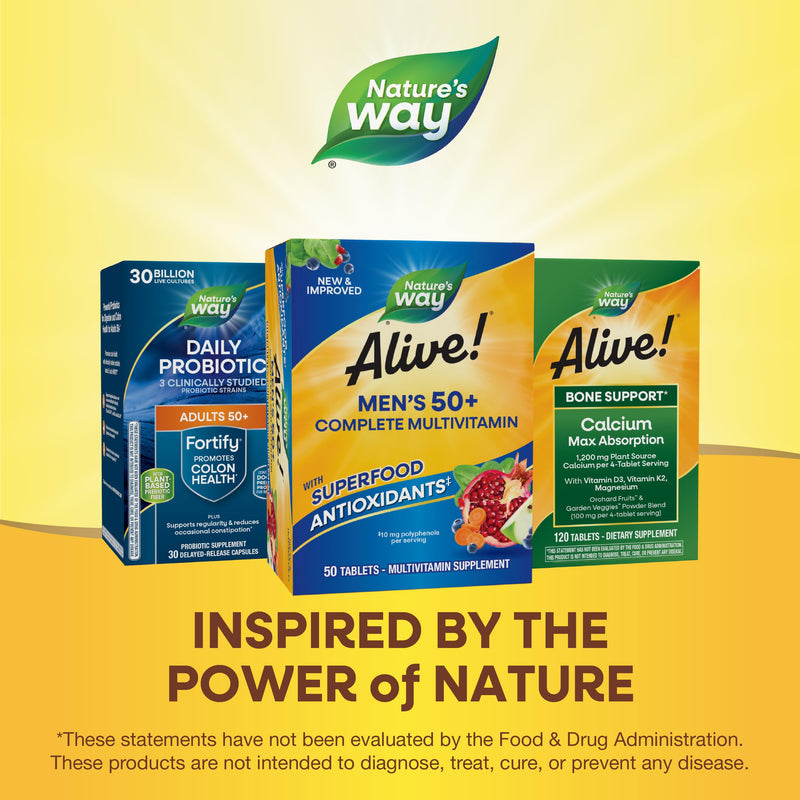 Nature's Way Alive! Men’s 50 Plus Multivitamin Complete Tablets, 50 ct | Daily Multivitamin for Men Over 50, Supports Cellular Energy Metabolism, Heart, Muscle & Eye Health*, High Potency Vitamins 50 Count (Pack of 1)