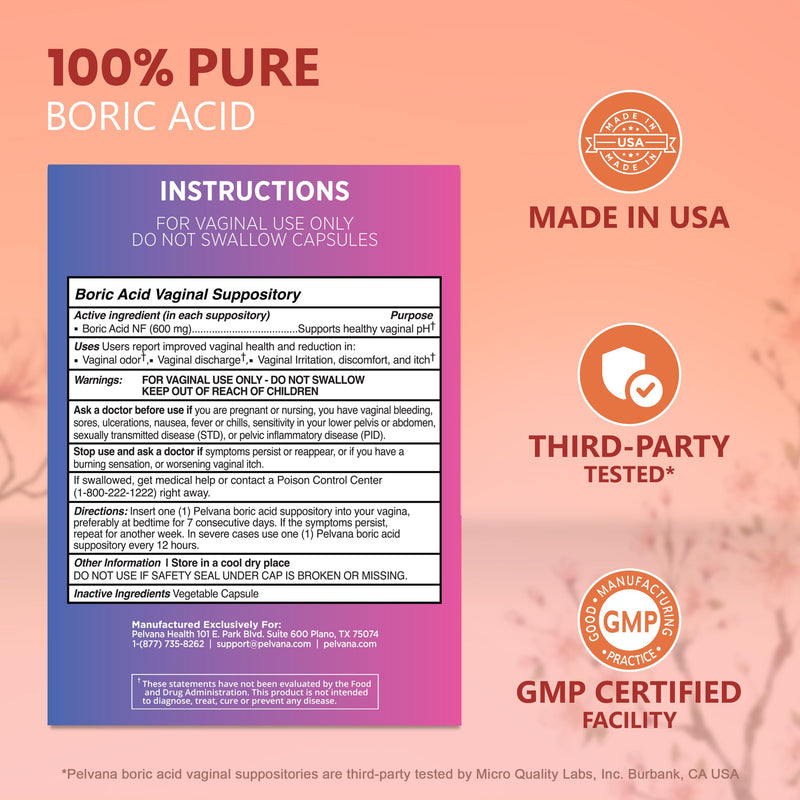 Pelvana Boric Acid Suppositories for Women 30 Count - for Vaginal Odor Use | Third-Party Tested & Made in The USA 30 Count (Pack of 1) - BeesActive Australia
