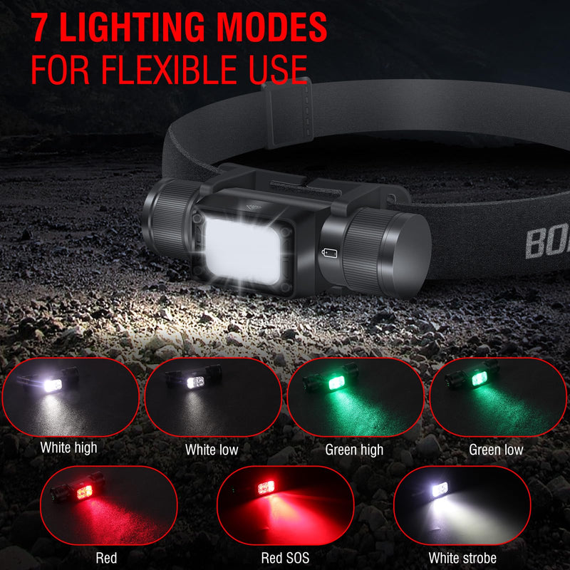 BORUIT HP360 Headlamp Rechargeable (Cob Red and Green) 7 Modes Super Bright Head Lamp,180°Angle Head Lights for Forehead, IP67 Waterproof Headlamps for Adults Outdoor Hunting Hard Hat Camping Hiking