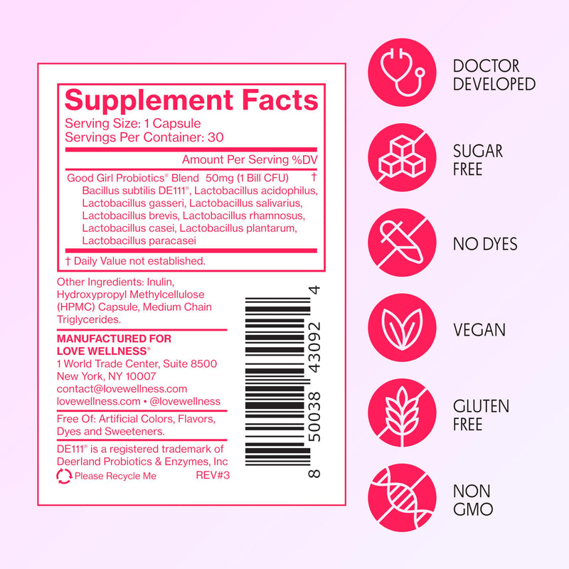 Love Wellness Good Girl Probiotics | Women‚Äôs Vaginal Health & pH Balance Supplement | 9-Strain Probiotic for Urinary Tract, Yeast, Odor & Immune Support | Gluten-Free | 30 CT, 30-Day Supply Good Girl Probiotics (30 Day Supply)