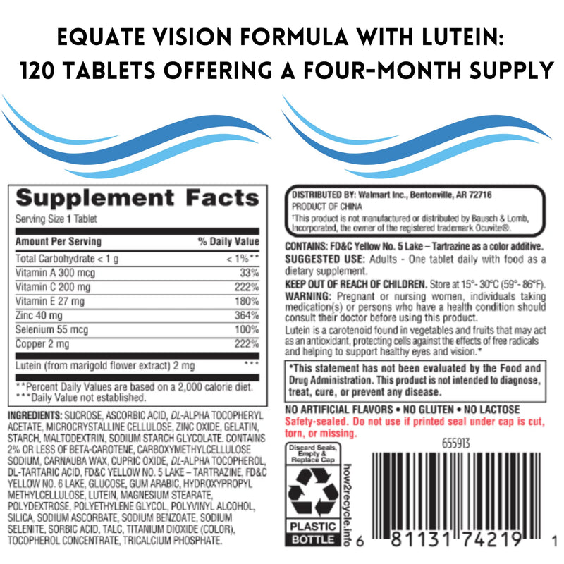 Equate Vision Formula with Lutein Tablets Dietary Supplement, 120 Count + me Gusta Sticker