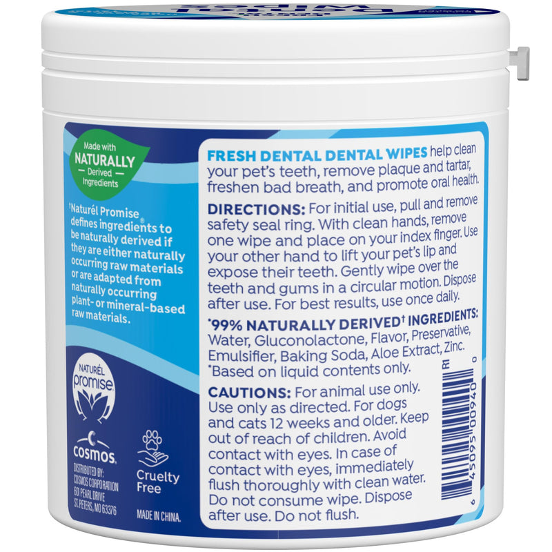 Naturel Promise Fresh Dental Disposable Dog Teeth Cleaning Finger Wipes, Easy to Use, for Cats & Dogs, 50ct