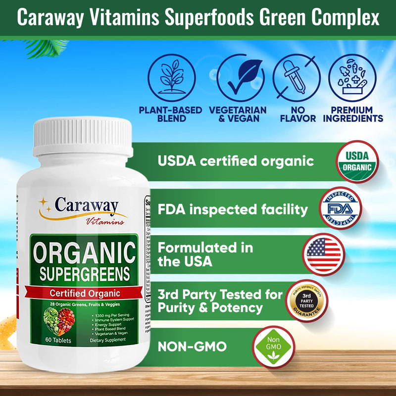 Organic Superfoods Vitamins Super Greens Complex by Caraway Vitamins 1,350 mg per Serving 28 Fruits Vegetables Greens 60 Count Tablets Non-GMO Natural for Men & Women