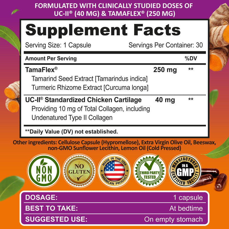 Joint Health Supplement with UC-II® Collagen & TamaFlex® Turmeric, Tamarind | Clinically studied Mobility, Flexibility, Healthy Cartilage Support - Undenatured Type II Collagen, Glucosamine-Free Capsules