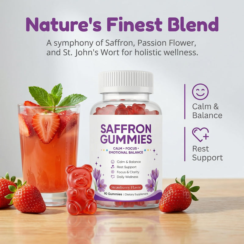 Saffron Gummies, Mood & Calm Support withPassion Flower, St. John's Wort, GABA & Vitamin D2,Emotional Balance & Focus Formula, Strawberry Flavor, 90Gummies