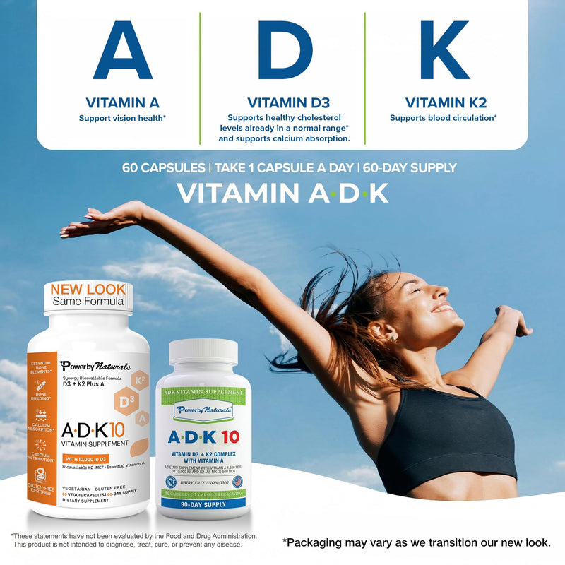 Power By Naturals ADK Vitamin Supplement – Vitamins A, D3 250 mcg & K2 MK-7 for Bone & Immune Health – Gluten-Free, Soy-Free – 180 Capsules, 2-Pack (6-Month Supply) 90 Count (Pack of 2)