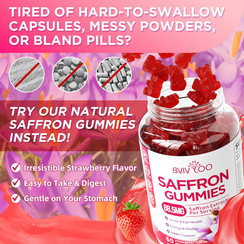 Saffron Gummies for Adult Kids, 10-IN-1 Formula with Saffron 88.5mg, Vitamins D3 & B6, Magnesium, Zinc, Ashwagandha, L-Theanine, St. John's Wort - Supports Mood & Focus, Strawberry Flavor, 60 Count 2pack