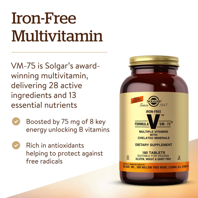 Solgar Iron-Free Formula VM-75, 180 Tablets - Vitamins A, B6, B12, C, D, E | Multivitamin with Chelated Minerals, Biotin, Magnesium, Calcium, Zinc - Vegan, Gluten & Dairy Free, Kosher - 180 Servings Unflavored 180 Count (Pack of 1)