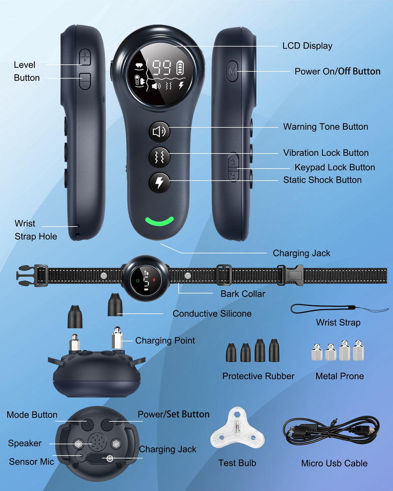 2-in-1 Dog Training and Bark Control Collar – Rechargeable, Waterproof, Smart Anti-Barking Collar for Small, Medium, and Large Dogs - Effective & Humane Training dark blue - BeesActive Australia