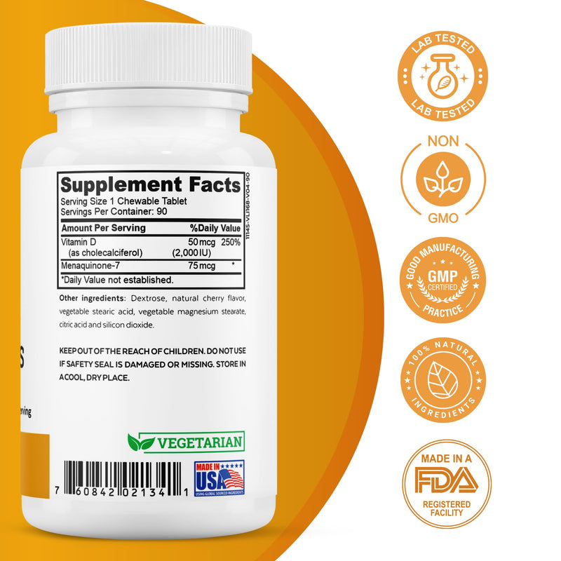 Vitamin D3 + K2 Chewables, Cherry Flavored | 2000 IU Vitamin D, MK7 K2 (Menaquinone-7), Tablets, For Adults and Kids