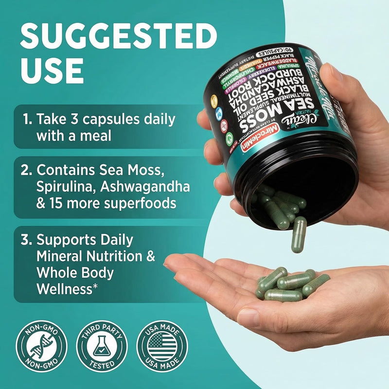 Clean Nutra Organic Sea Moss Capsules with Ashwagandha, Black Seed Oil, Burdock Root, Bladderwrack, Moringa, Chlorella, Spirulina, Turmeric, Elderberry, Amla � 90 Vegan Capsules � MiracleMin 1