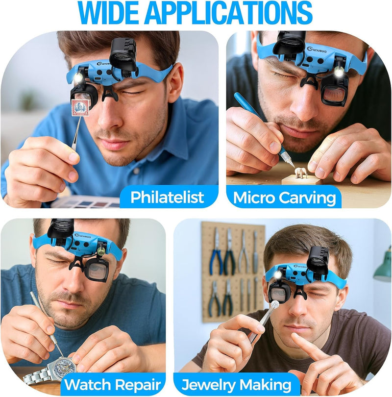 Rechargeable Magnifying Glass with Light 2X-23X,5 Pairs Lens Combos Blue