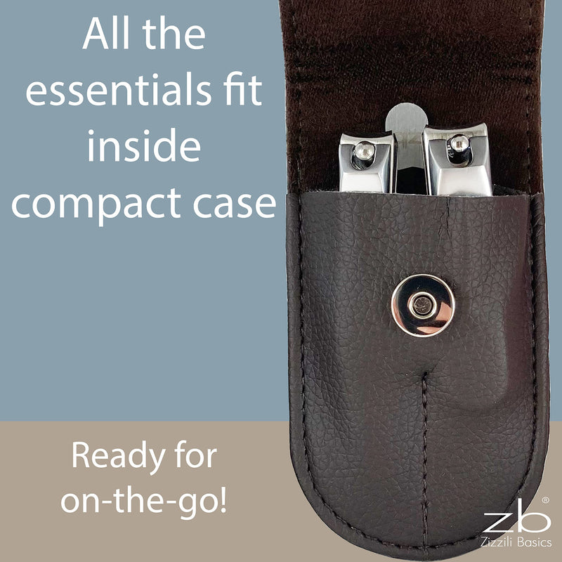 Nail Clippers by Zizzili Basics - 3 Piece Nail Clipper Set - Stainless Steel Fingernail & Toenail Clippers with Nail File and Brown Travel Case - Best Nail Care for Men, Women, Manicure & Pedicure 3 Piece Set Brown Case