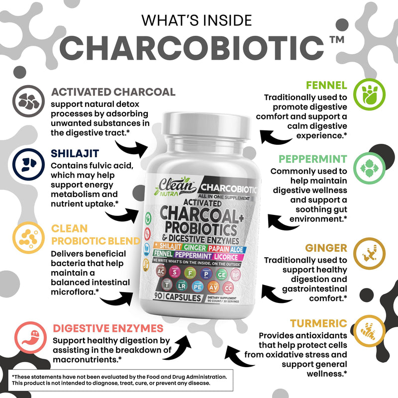 Clean Nutra Activated Charcoal Pills + Shilajit Probiotic Digestive Enzymes for Digestive Health Capsules with Peppermint Fennel Licorice Papain Ginger Turmeric Powder | Gut Health (Pack of 2) 60 Count (Pack of 2)