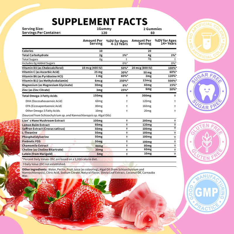Saffron Gummies for Kids, Magnesium for Sleep Gummies, Calm Mood Gummies | with 100mg Saffron Extract, Magnesium Glycinate, Vitamin D, Omega-3, GABA, Ashwagandha, Sugar Free Vegan Chewable, 120 CT