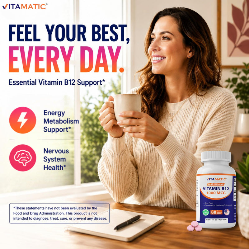 Vitamatic Vitamin B12 1000 mcg Fast Dissolve – 60 Tablets – Natural Berry Flavor – Supports Energy Metabolism & Nervous System Health 60 Count (Pack of 1)