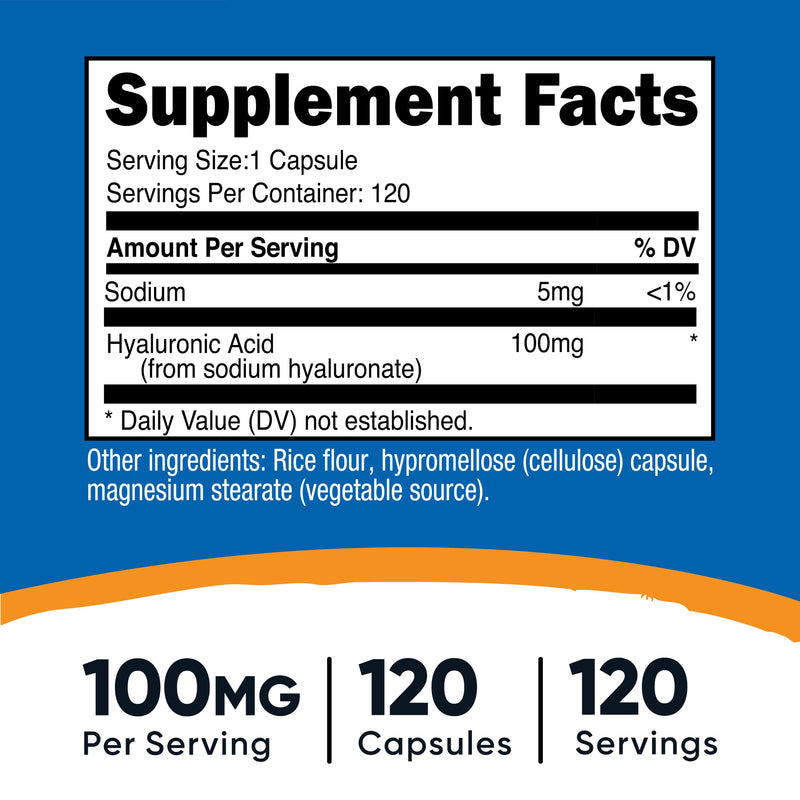 Nutricost Hyaluronic Acid Capsules 100mg,120 Vegetarian Capsules - Gluten Free, Non-GMO (Pack of 2) 120 Count (Pack of 2)