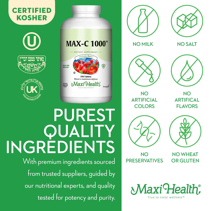 Maxi Health 1000 mg Vitamin C - 1000mg Tablets Ultra High Absorption Formula - Gluten Free Kosher Dietary Non GMO Supplement for Immune Support - Vitamin C Tablets from Ascorbic Acid, (250 Count) | Kosher | Vitamin C with Bioflavonoids | Immune Health ...
