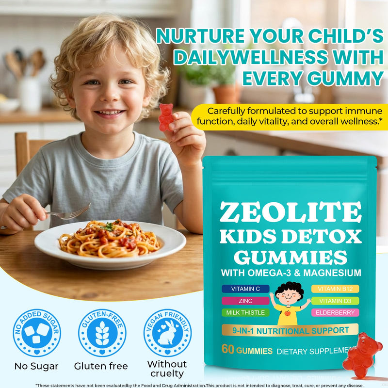Zeolite Kids Detox Gummies,Zeolite Detox for Kids & Adults,9-in-1 All in One Daily Kids Supplement with Zeolite,Elderberry,Omega-3,Magnesium,Vitamin,Milk Thistle,Zinc,B12,Sugar Free 60 Gummies