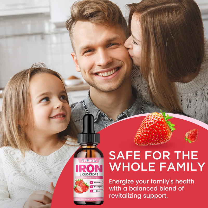 Liquid Iron Supplement for Women Men & Kids Multivitamin Iron Drops with Folate, Vitamin C, B6, B12, Zinc for Anemia, Iron Deficiency, Blood Builder, Energy - Natural Strawberry Flavor, Vegan 2 Fl Oz 2 Fl Oz (Pack of 1)