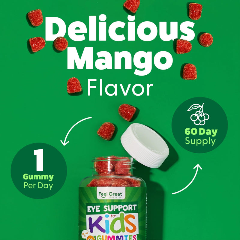 Feel Great Kids Gummy Vitamins for Eyes | Essential Eye Vitamins Lutein and Zeaxanthin | Mango Flavored Vegan Eye Vitamins for Kids | Gluten Free | 60 Day Supply