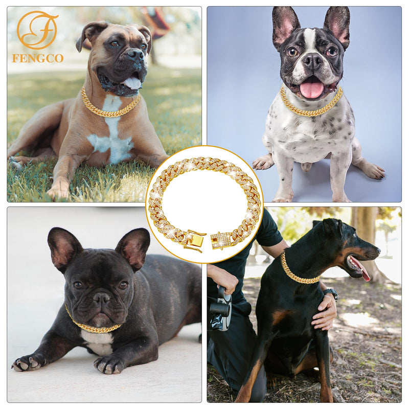 Gold Dog Chain Collar Diamond Cuban Link Dog Collar 13mm Wide Dog Necklace Metal Cat Chain Pet Crystal Collar Jewelry Accessories for Small Medium Large Dogs Cats(10inch) 10inch Gold - BeesActive Australia
