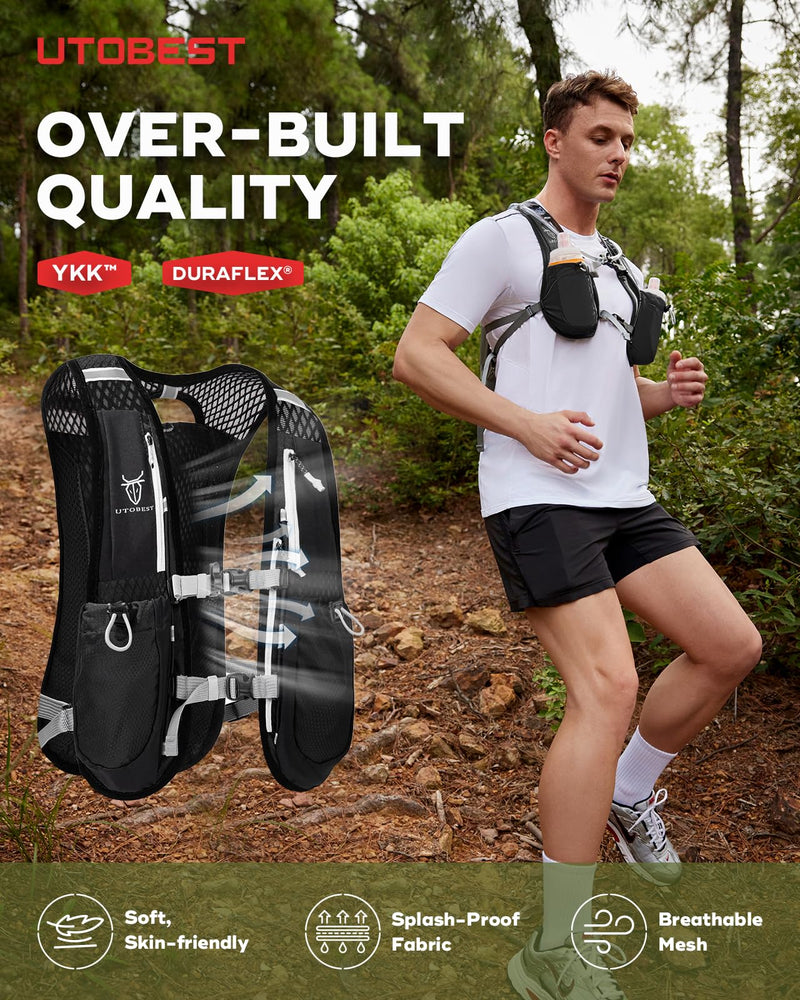 Running Vest, 5L Hydration Vest Lightweight, Breathable and Sweatproof Running Backpack, Adjustable Running Hydration Vest for Trail Running Marathon Race Jogging Cycling Black Vest 5L with 2 x Soft Flask