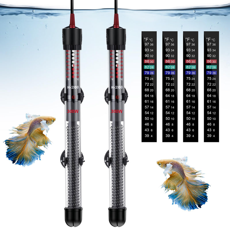 Dreyoo 2 Set 300W Submersible Aquarium Heater, Adjustable Aquarium Fish Tank Heater with 4 Thermometers Stickers and Suckers, Adjustable Knob Thermostat for Marine Saltwater and Freshwater - BeesActive Australia
