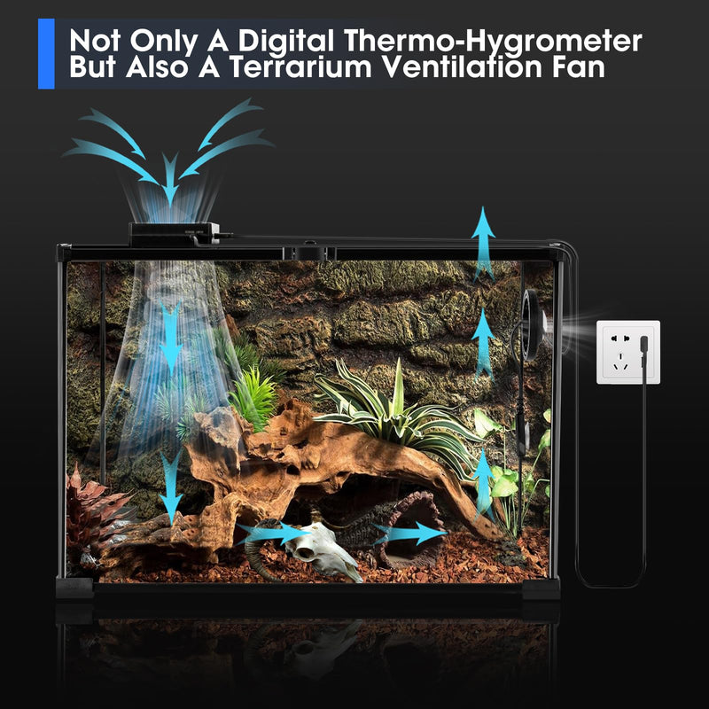 Reptile Terrarium Thermometer Hygrometer with Dehumidifier Ventilation Fan for Pet Rearing Box Reptile Tank LED Digital Thermometer and Humidity Gauge for Snake Bearded Dragon Gecko - BeesActive Australia