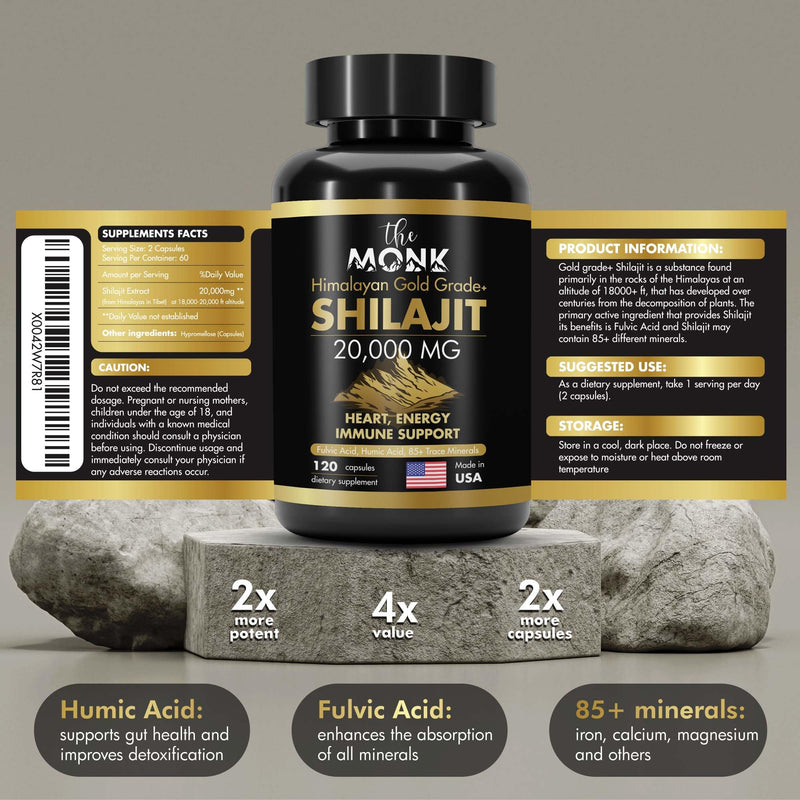 Himalayan Shilajit with Fulvic Acid, Humic Acid, 85+ Minerals- Gold Grade Plus - Same as Resin - Energy, Stamina, Brain Support - 20,000mg, 120 Capsules - Made in The USA - BeesActive Australia