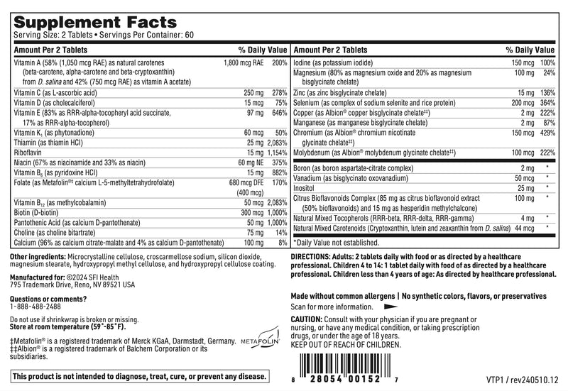 SFI Health Klaire Labs VitaPrime, 120 Tablets | Promote Immune Function & Support Nutritional Gaps, Iron Free Multivitamin for Women & Men 120 Count (Pack of 1)