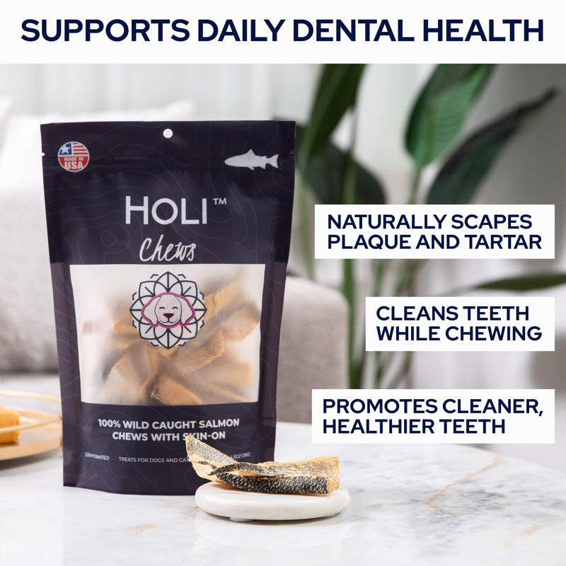 HOLI Wild Caught Salmon Skin Dog Dental Chews, Natural Single Ingredient Oral Hygiene Dog Treats, Reduces Plaque, Tartar Control, Omega 3 & 6 for Healthy Coat