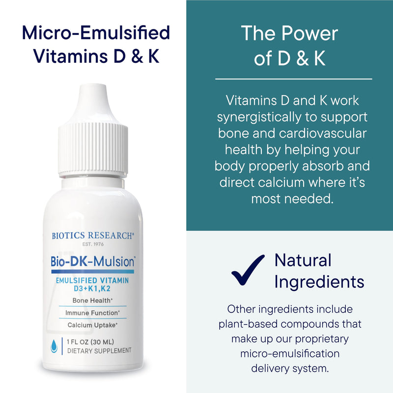 BIOTICS RESEARCH Bio-DK-Mulsion™–Emulsified Liquid Vitamin D and K, D3 Drops 125 mcg & Vitamin K (K1, K2) 300 mcg MK-7–Supports Stronger Bones, Musculoskeletal Strength, Healthy Heart & BMI 1 fl oz