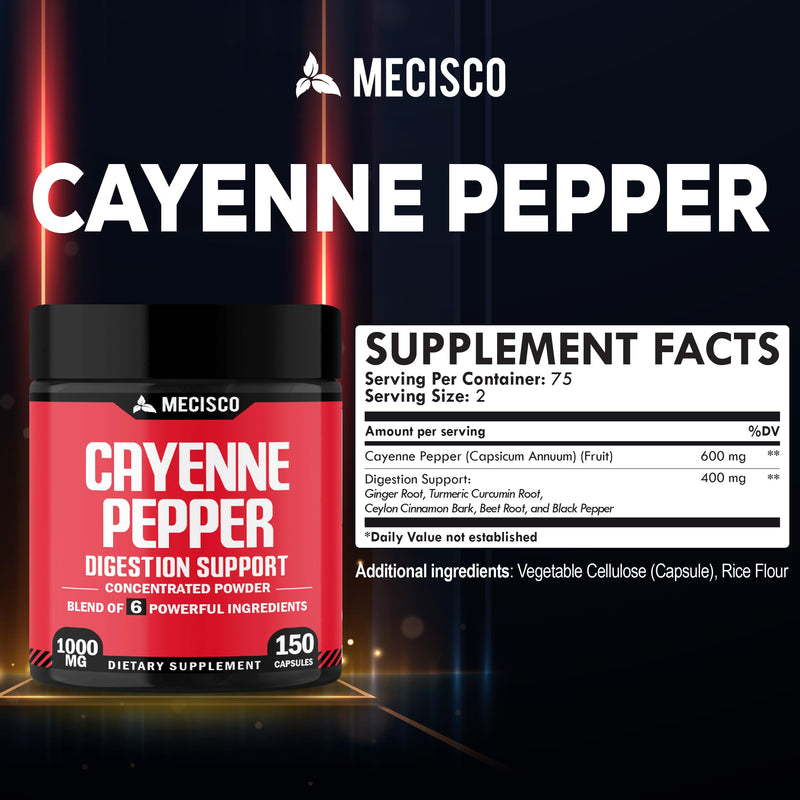 Mecisco Cayenne Pepper Capsules with Ginger Root, Beet Root, and Black Pepper and More - 150 Capsules - 6in1 150 Count (Pack of 1)