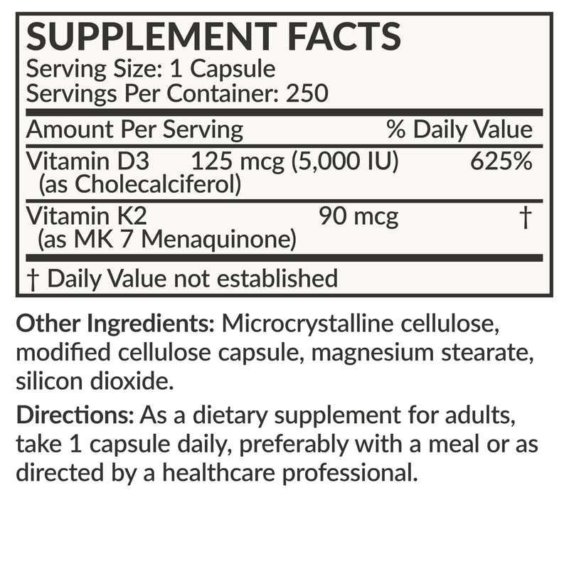Futurebiotics Vitamin K2 MK-7 90 mcg + D3 5000 IU, 250 Vegetarian Capsules | 2-in-1 Bone, Immune & Heart Health Support, Helps Transport Calcium to Bones, Non-GMO, Gluten-Free & Soy-Free 250 Count (Pack of 1)