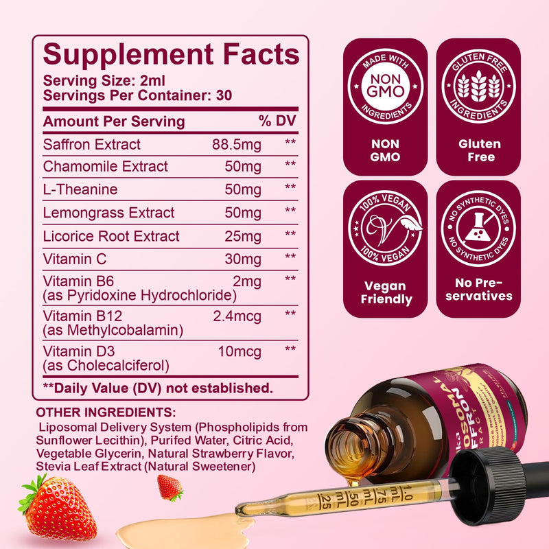 2 Pack Liposomal Saffron Supplements - 88.5mg Saffron Extract Liquid Drops with L-Theanine, Chamomile, Vitamin C, B6, B12 & D3 for Antioxidant, Immune, Mood, Energy, Focus & Sleep - Strawberry Flavor 2 Fl Oz (Pack of 2)